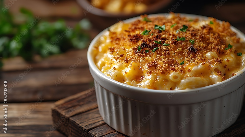 A perspective shot of a bowl of creamy mac and cheese with a golden breadcrumb topping, placed on a wooden table with warm sunlight filtering through, creating a rich and delicious scene, A perspective shot of a bowl of creamy mac and cheese with a golden breadcrumb topping, placed on a wooden table with warm sunlight filtering through, creating a rich and delicious scene,