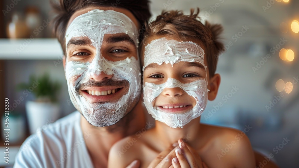 Fototapeta premium Self-care day at home with a father and son, using face masks and bonding over skincare
