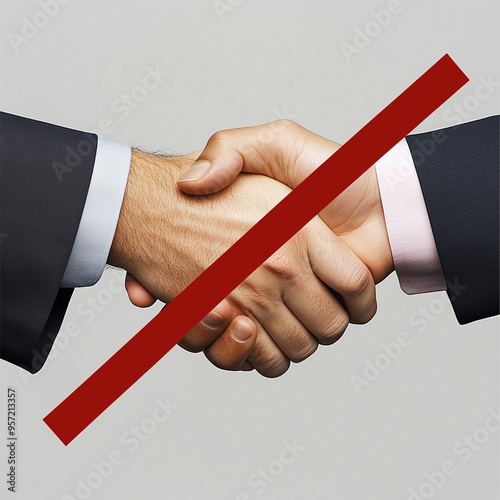 a handshake with a bold red line crossing through it, symbolizing the termination of a business relationship.