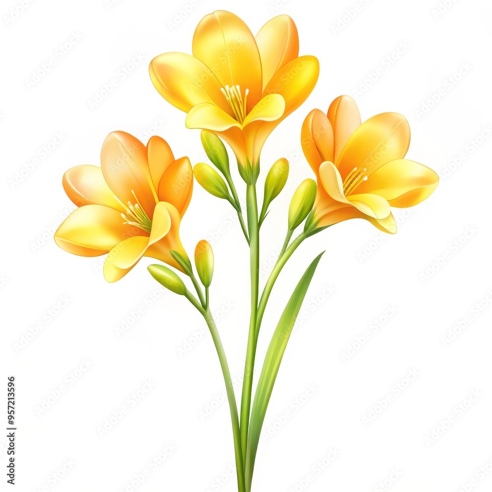 Naklejka premium Vibrant Yellow Freesia Bouquet - Digital Painting, 3 Flowers, White Background, Spring Floral, freesia, flower, bouquet