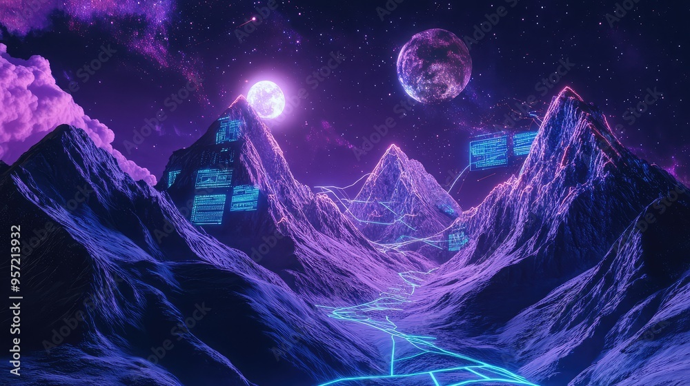 Fototapeta premium Mountains with computer screens and neon accents, beneath a moonlit sky with virtual constellations and glowing digital effects