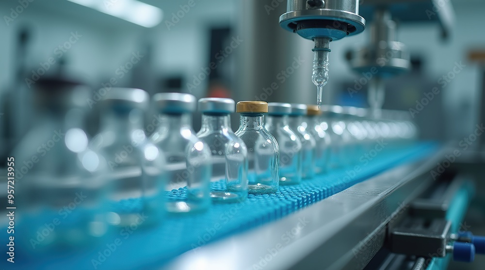 Close-up of glass ampoule production line in modern pharmaceutical factory Close-up of glass ampoule production line in modern pharmaceutical factory