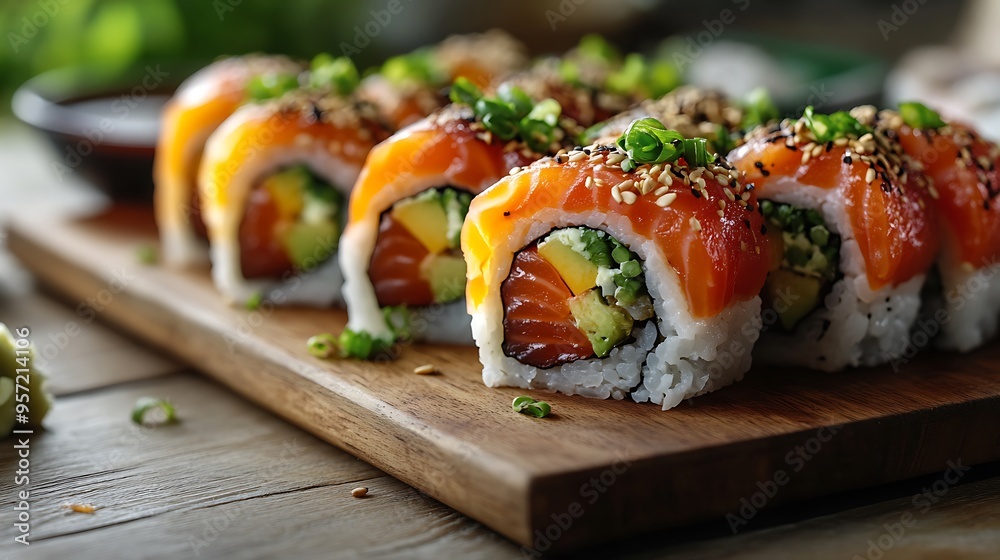 A perspective shot of a sushi roll platter featuring a variety of sushi rolls with vibrant ingredients like tuna, salmon, and avocado, placed on a wooden table with soy sauce, wasabi, and ginger, A perspective shot of a sushi roll platter featuring a variety of sushi rolls with vibrant ingredients like tuna, salmon, and avocado, placed on a wooden table with soy sauce, wasabi, and ginger,