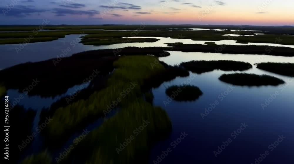 breathtaking marshlands at sunset with aerial views over peaceful waterways