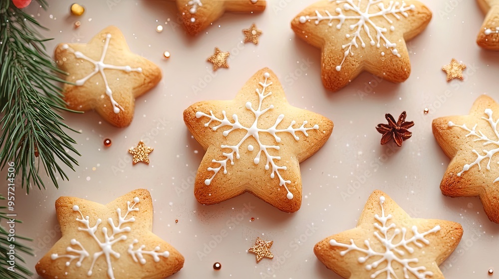 Beautifully crafted star-shaped cookies adorned with delicate white snowflake icing, set on a light background, evoking the crisp and elegant essence of winter festivities. Beautifully crafted star-shaped cookies adorned with delicate white snowflake icing, set on a light background, evoking the crisp and elegant essence of winter festivities.