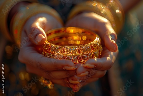 Husband adorning his wife with a gold bangle for the Diwali festival