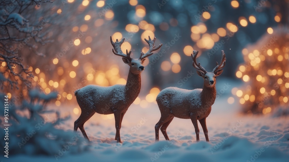 Illuminated deer decorations in snowy festive garden at dusk. Illuminated deer decorations in snowy festive garden at dusk.