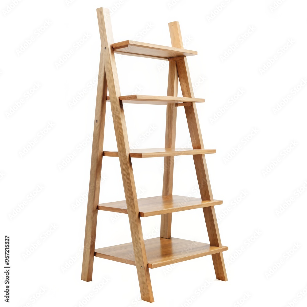 Wooden Ladder Shelf with Five Shelves, Isolated on White Background, Furniture, Home Decor, Shelf Unit Wooden Ladder Shelf with Five Shelves, Isolated on White Background, Furniture, Home Decor, Shelf Unit