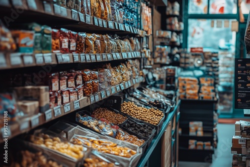 An aisle in a gourmet grocery store lined with shelves holding a variety of packaged snacks and dried goods. photo