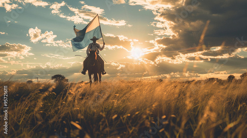 An Argentine man in a gaucho outfit, standing on the Pampas with a horse by his side, holding the Argentine flag, with a sense of pride and tradition.