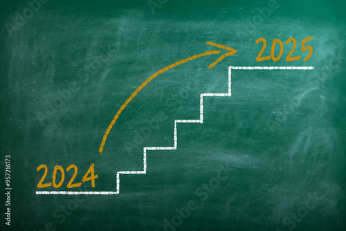 Chalboard concept stairs move into 2025 from 2024. New Year's concept. photo