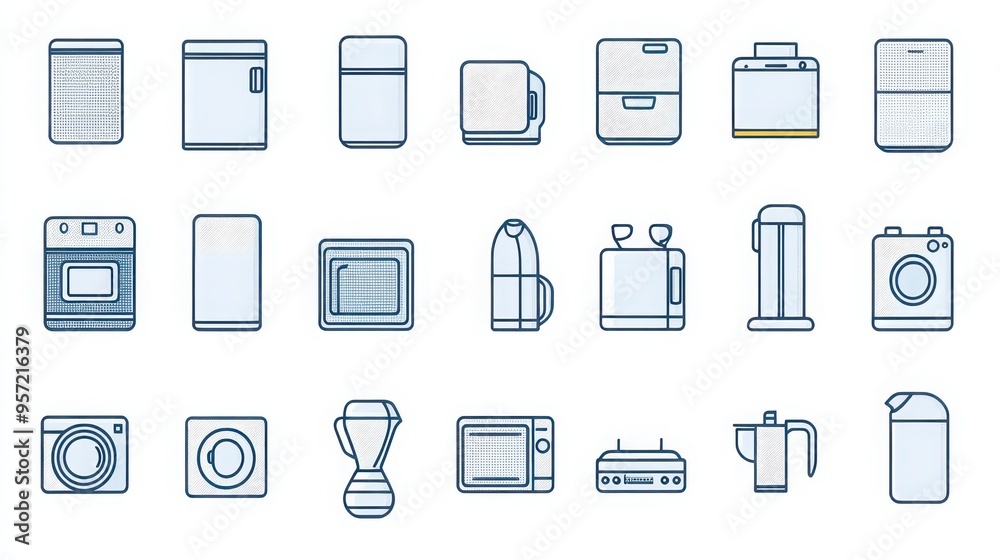 Home Appliances thin line icon set. Containing refrigerator, microwave, washing machine, blender, toaster, oven, dishwasher, vacuum cleaner, iron, fan, heater, air conditioner, coffee maker. Home Appliances thin line icon set. Containing refrigerator, microwave, washing machine, blender, toaster, oven, dishwasher, vacuum cleaner, iron, fan, heater, air conditioner, coffee maker.