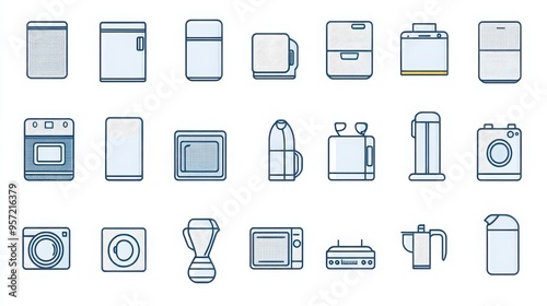 Home Appliances thin line icon set. Containing refrigerator, microwave, washing machine, blender, toaster, oven, dishwasher, vacuum cleaner, iron, fan, heater, air conditioner, coffee maker.