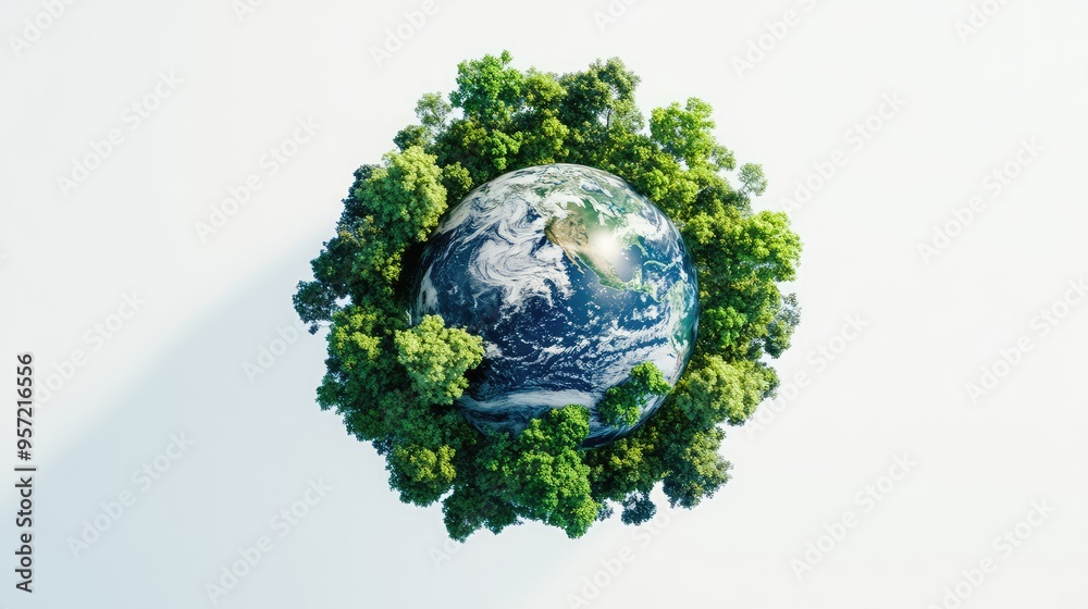 A detailed 3D Earth with lush green tones, encircled by trees of various sizes, set against a crisp white background, high-definition quality A detailed 3D Earth with lush green tones, encircled by trees of various sizes, set against a crisp white background, high-definition quality