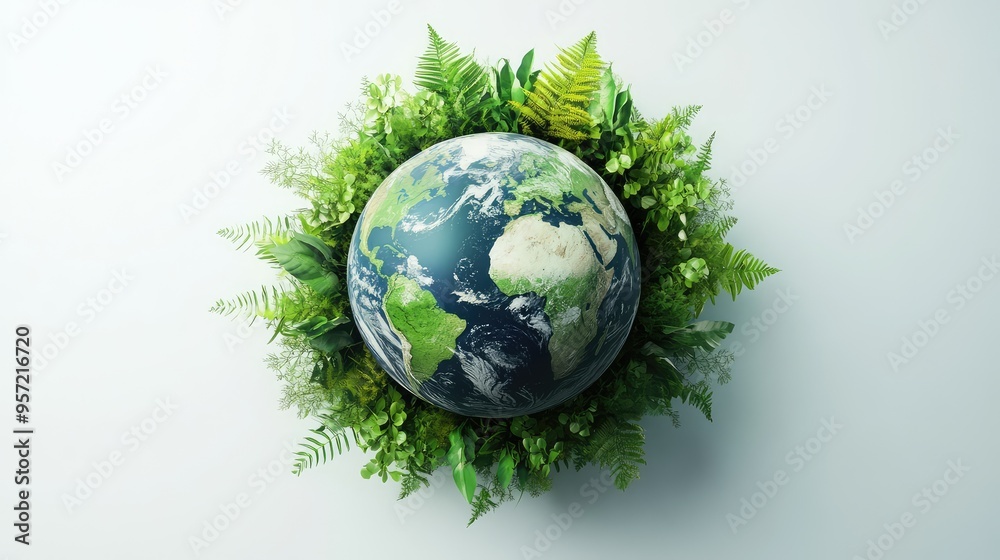 A detailed 3D rendering of Earth in green and blue, surrounded by diverse greenery, on a simple white background, ultra-clear HD quality A detailed 3D rendering of Earth in green and blue, surrounded by diverse greenery, on a simple white background, ultra-clear HD quality