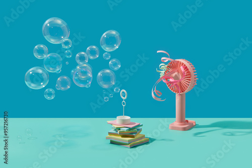 White wand making soap bubbles under influence of blowing fan photo