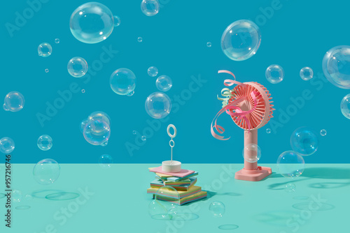 Foamy bubbles flying in studio with pink fan and wand on stickers