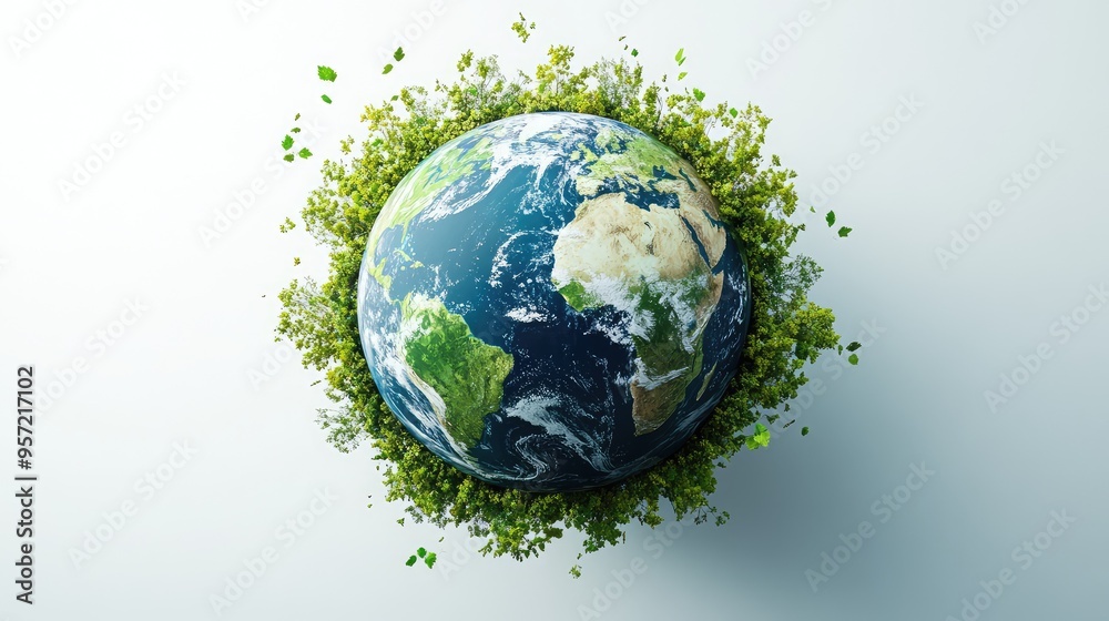 A detailed and vibrant 3D Earth with green and blue tones, encircled by greenery and trees, with a clean white background. A detailed and vibrant 3D Earth with green and blue tones, encircled by greenery and trees, with a clean white background.