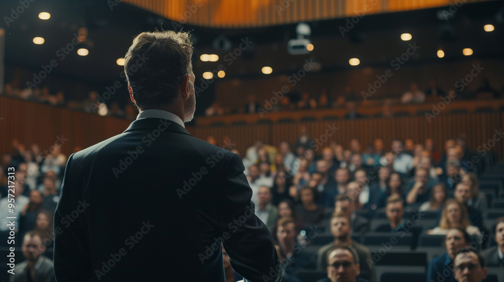 CEO addressing the company - A charismatic CEO standing in front of a large group of employees in a modern auditorium, delivering a speech with a confident expression. CEO addressing the company - A charismatic CEO standing in front of a large group of employees in a modern auditorium, delivering a speech with a confident expression.