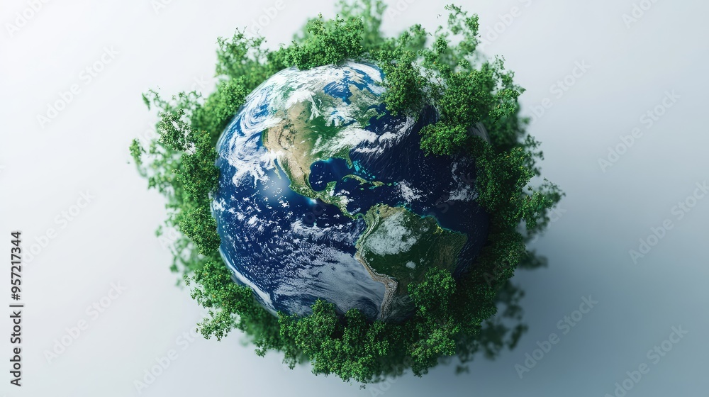 Fototapeta premium A detailed and vibrant 3D Earth with green and blue tones, encircled by greenery and trees, with a clean white background.