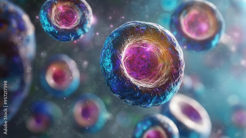 Microscopic view of cells, research environment, illustration Microscopic view of cells, research environment, illustration
