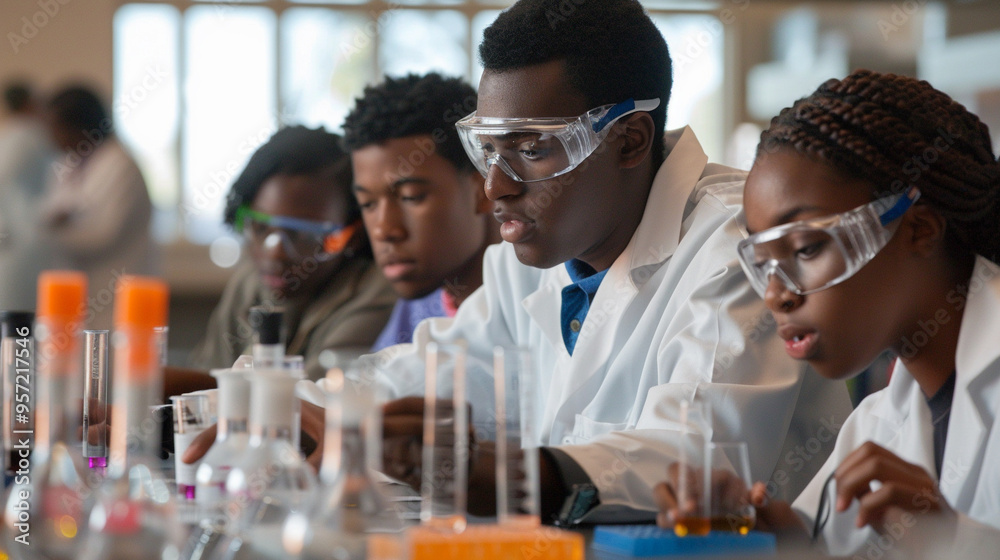 College students from various ethnic backgrounds conducting an experiment in a modern laboratory, wearing lab coats and safety goggles College students from various ethnic backgrounds conducting an experiment in a modern laboratory, wearing lab coats and safety goggles