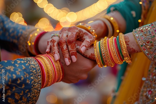 Indian couple celebrating Diwali with the husband putting a gold bangle on his wifes wrist