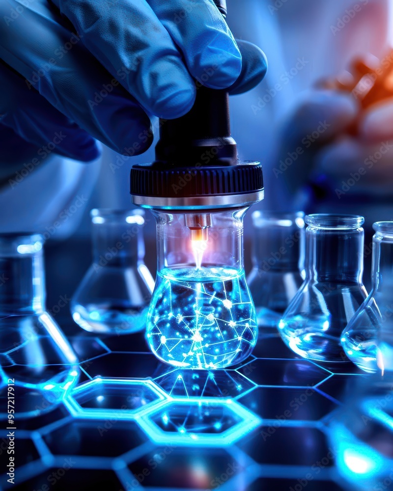 Scientist hand holding futuristic flask with digital elements in a laboratory setting, emphasizing research and innovation.