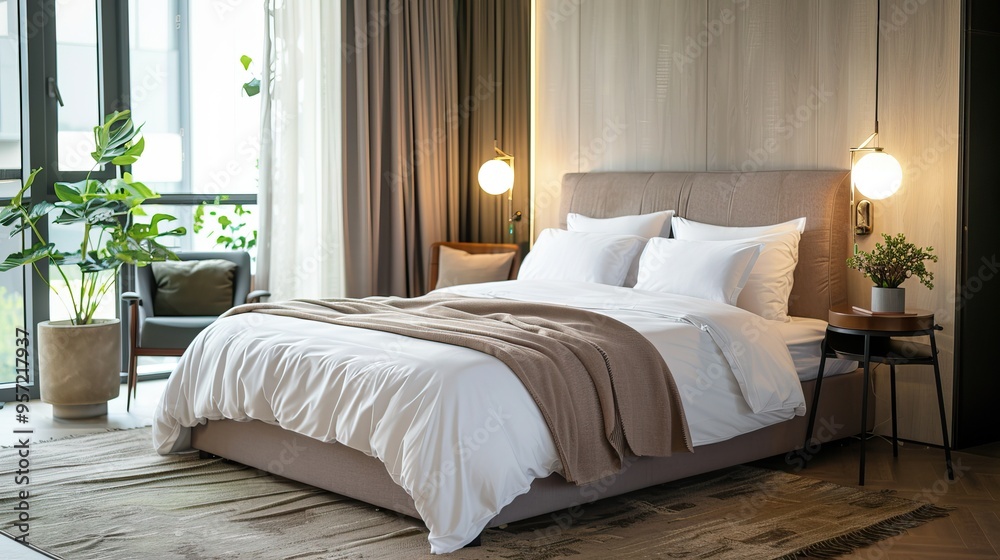 Modern Cozy Bedroom Interior with Elegant Bed, Soft Lighting, and Greenery by the Window