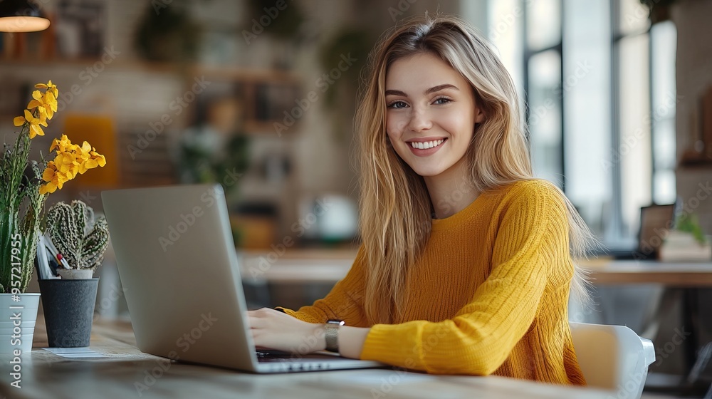 A young woman smiles while working on her laptop at a cozy coffee shop, surrounded by plants and vibrant decor.