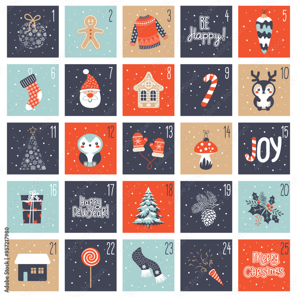 Christmas advent calendar with Santa Claus, snowman, candies, gifts, christmas tree. Countdown holiday calendar. December dates festive events. Illustration Christmas advent calendar with Santa Claus, snowman, candies, gifts, christmas tree. Countdown holiday calendar. December dates festive events. Illustration