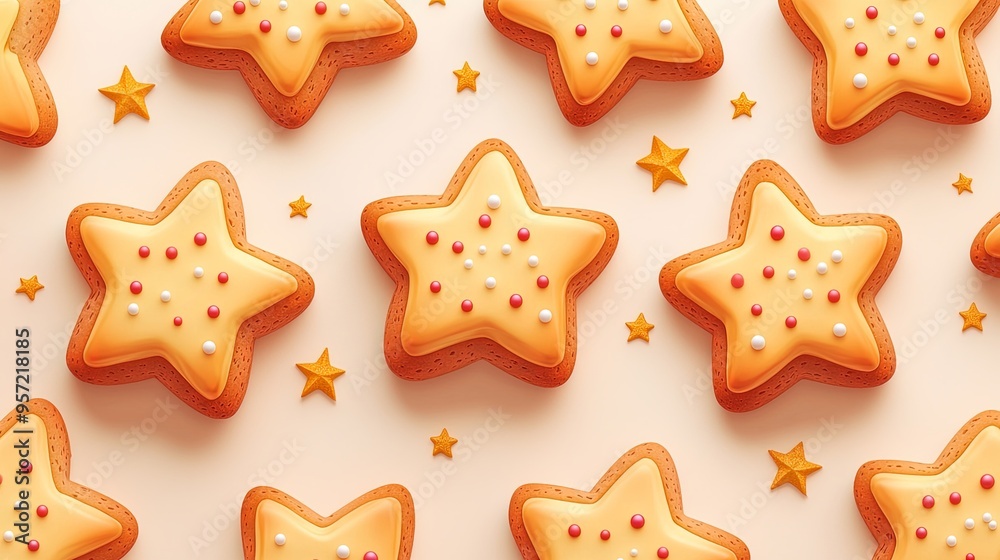 Star-shaped cookies with a yellow base and colorful dots on top, arranged festively, ideal for cheerful holiday themes and celebratory designs. Star-shaped cookies with a yellow base and colorful dots on top, arranged festively, ideal for cheerful holiday themes and celebratory designs.
