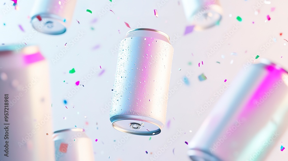 Iridescent Dreams: Sparkling Soda Cans Dance in a Whimsical Celebration Iridescent Dreams: Sparkling Soda Cans Dance in a Whimsical Celebration