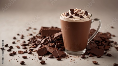 Chocolate milkshake with coffee beans and dark chocolate pieces on background.