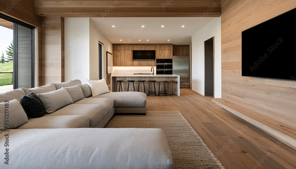 Modern living room with a cozy sofa, natural wood accents, and an open kitchen, offering a stylish and inviting atmosphere. Modern living room with a cozy sofa, natural wood accents, and an open kitchen, offering a stylish and inviting atmosphere.