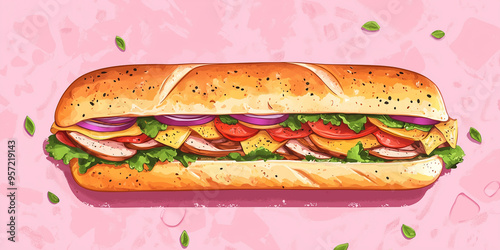 Large sub sandwich resting on a surface, filled with various ingredients photo