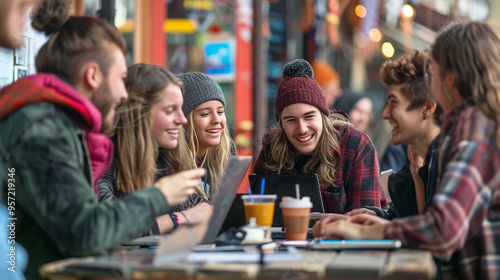 Gen Z friends hanging out at a coffee shop - A group of young adults sitting at a cozy coffee shop, laughing and chatting over drinks