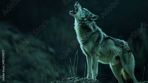 Superb roaring wolf on a clear night a lone wolf wailing in the night