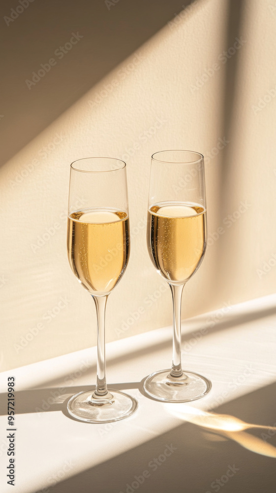 Two champagne glasses with golden liquid on light beige background Two champagne glasses with golden liquid on light beige background