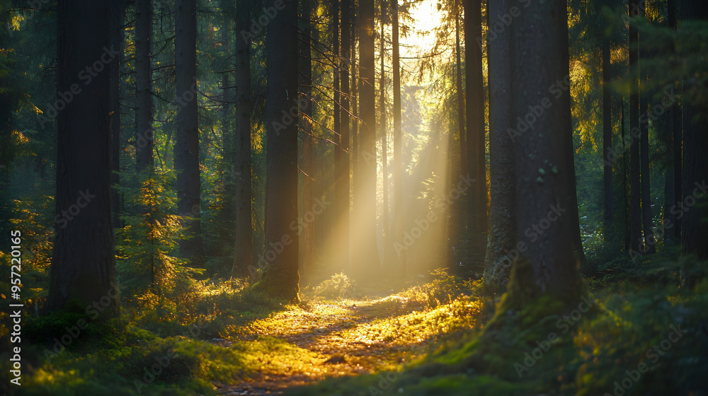 Obraz premium Observing the sunlight filtering through the trees in a forest, surrounded by a natural landscape of terrestrial plants, trunks, twigs, grass, and various shades of wood