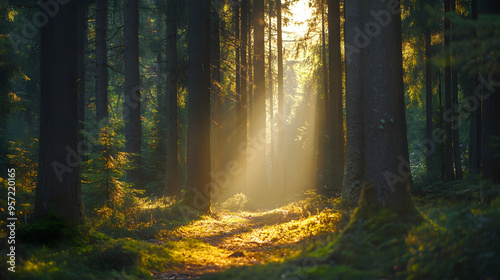 Observing the sunlight filtering through the trees in a forest, surrounded by a natural landscape of terrestrial plants, trunks, twigs, grass, and various shades of wood