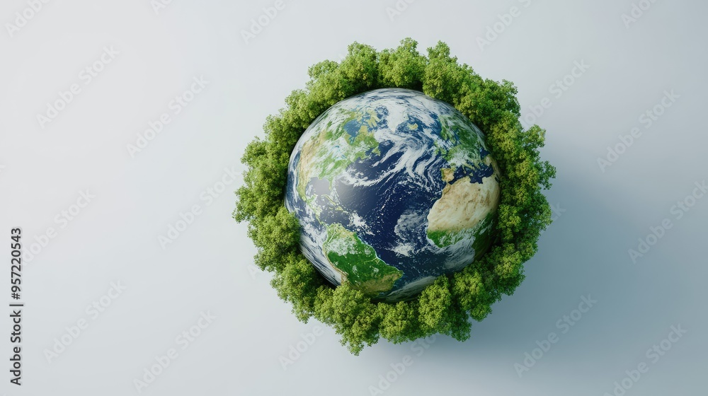 A lifelike 3D globe in green and blue, surrounded by a ring of trees, on a simple white background, capturing the Earth's natural beauty. A lifelike 3D globe in green and blue, surrounded by a ring of trees, on a simple white background, capturing the Earth's natural beauty.