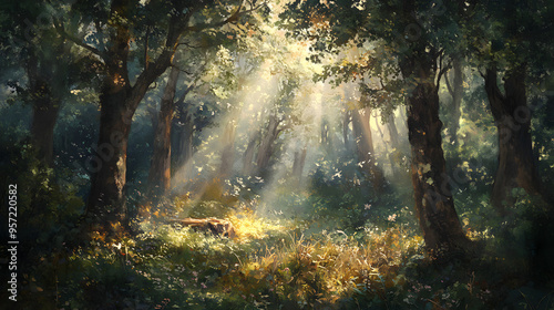 Observing the sunlight filtering through the trees in a forest, surrounded by a natural landscape of terrestrial plants, trunks, twigs, grass, and various shades of wood