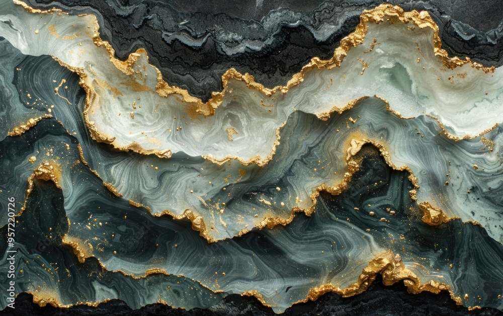 Fototapeta premium Decorative agate stone displays intricate layers of green and gold with dark textures throughout
