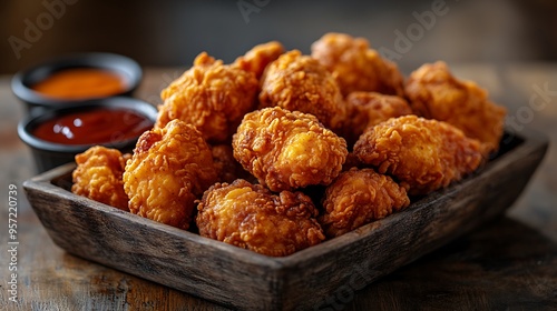 A top-down view of a basket of golden fried chicken, with dipping sauces arranged around it on a wooden table, soft natural light highlighting the crispy texture of the chicken,