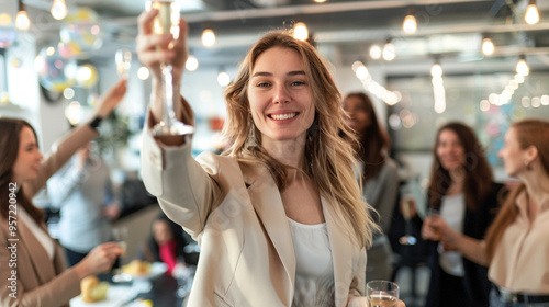 Successful woman celebrating a business milestone - A joyful female entrepreneur raising a glass of champagne in her office, surrounded by colleagues