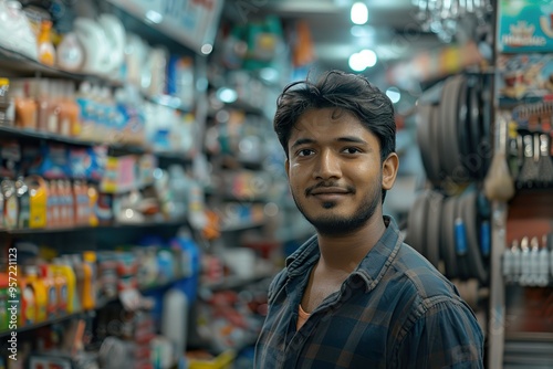 Indian shopkeeper in a hardware store highlighting merchandise