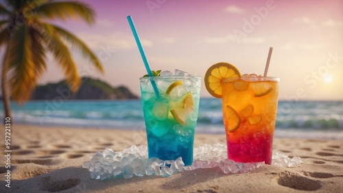 Iced tropical drink on sandy beach with colorful summer background. photo