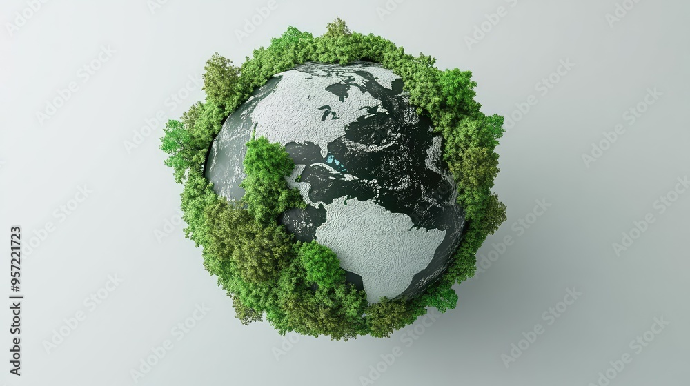 A lush 3D globe with vibrant green continents, surrounded by various trees, set against a simple white background A lush 3D globe with vibrant green continents, surrounded by various trees, set against a simple white background