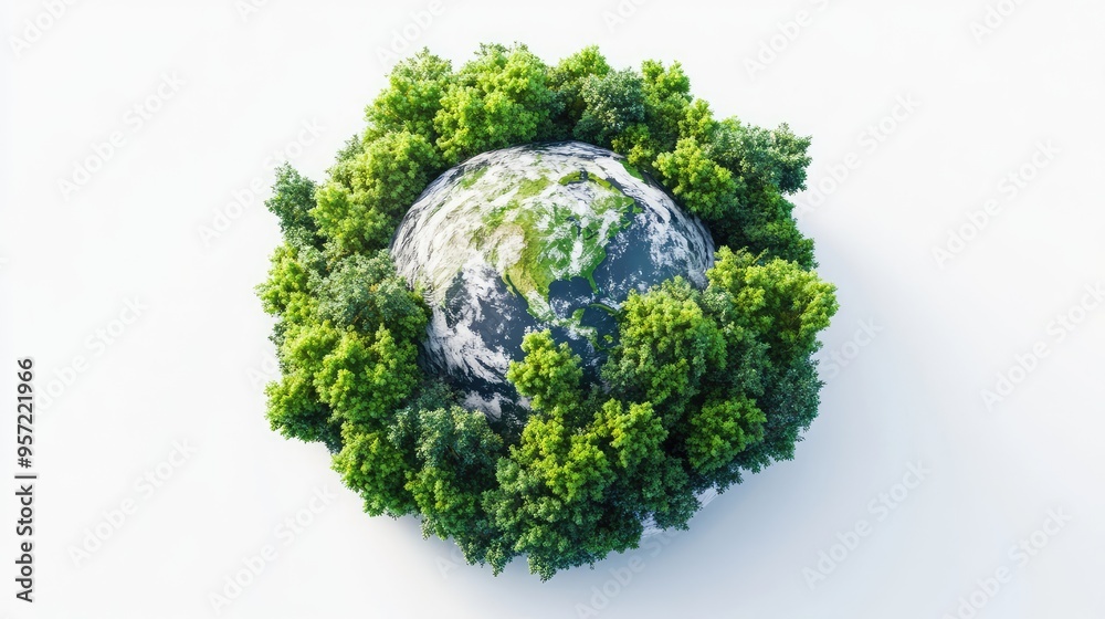 A realistic 3D rendering of Earth with vibrant green landscapes, surrounded by trees of various shapes and sizes, set on a white background A realistic 3D rendering of Earth with vibrant green landscapes, surrounded by trees of various shapes and sizes, set on a white background
